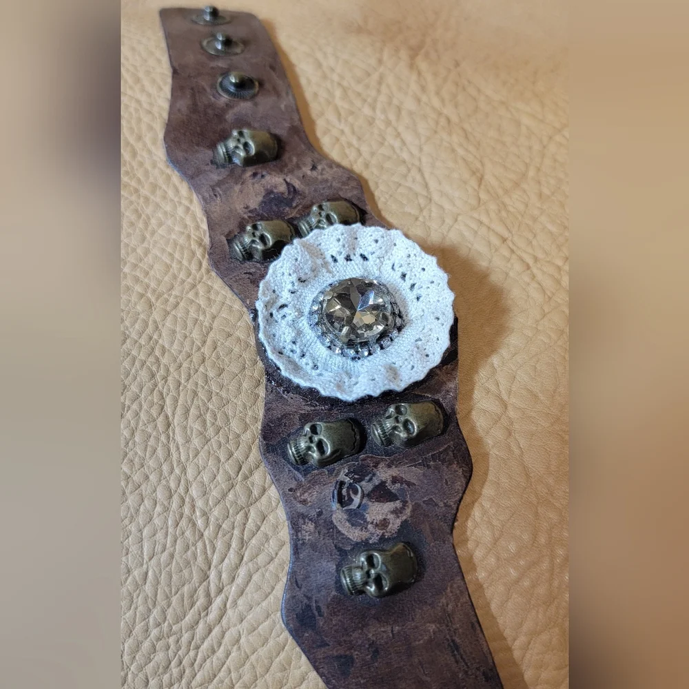 Leather & Lace Cuff Bracelet With Skulls & Crystal Rhinestones Handmade - Picture 11 of 12